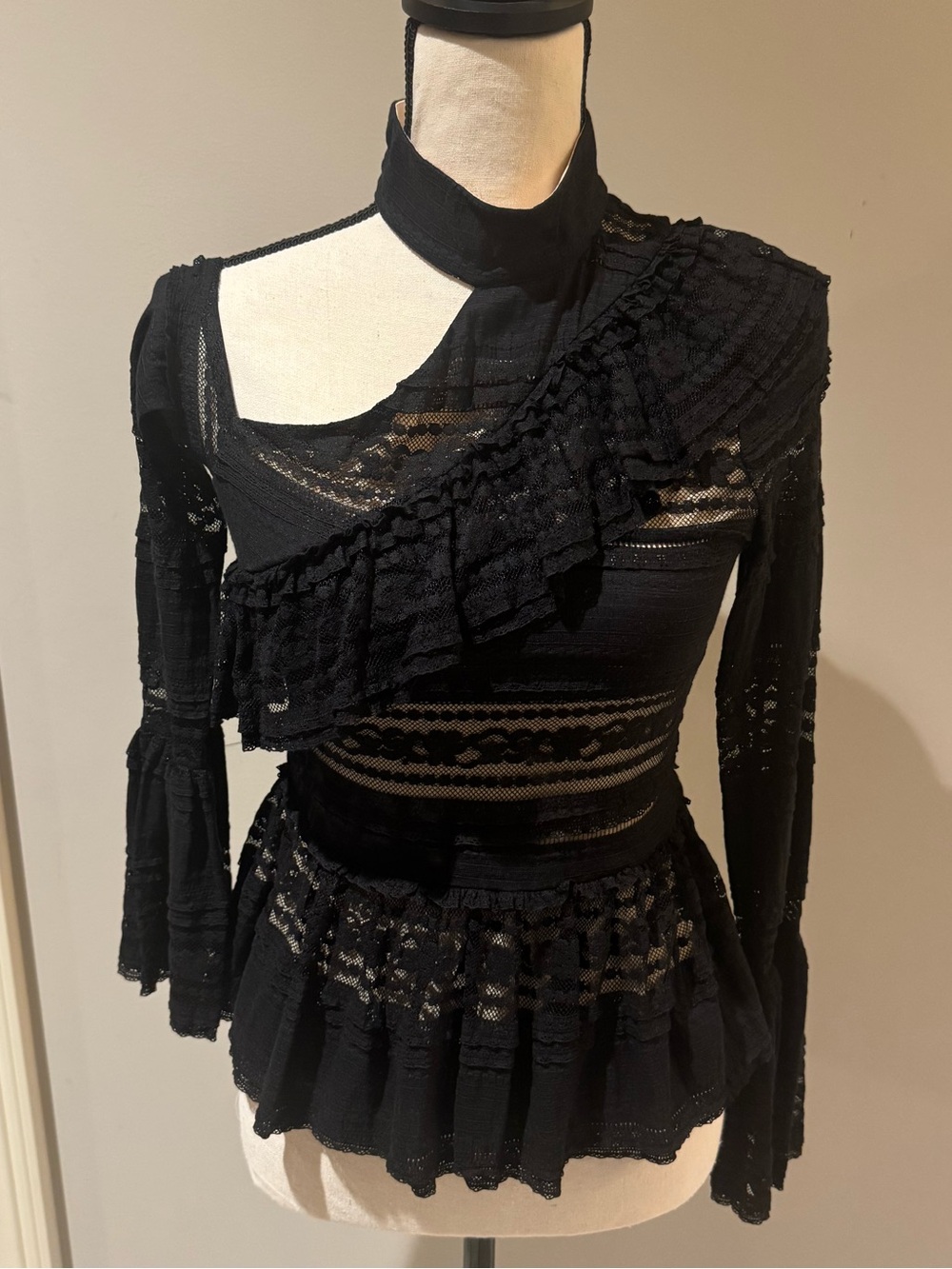 Parker Black Asymmetric Lace Ruffle Peplum Top